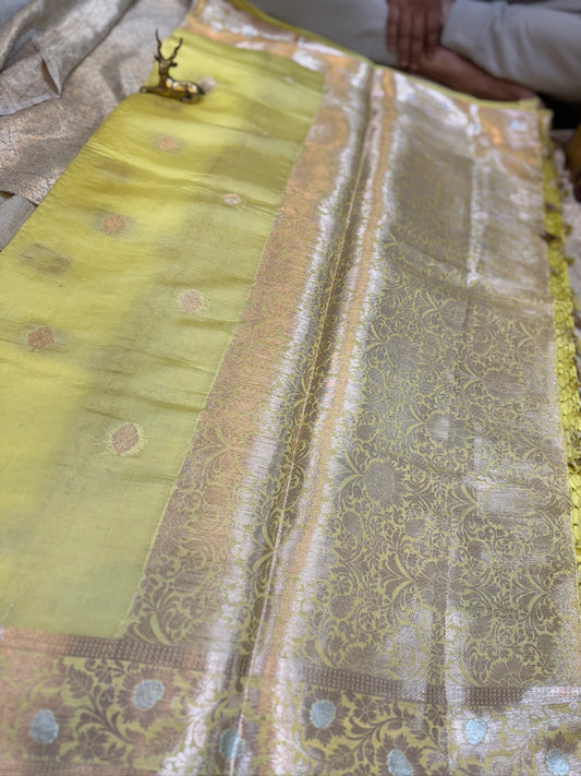 Banarasi Pure Raw Mango Katwar Silk Saree with small butta | Yellow