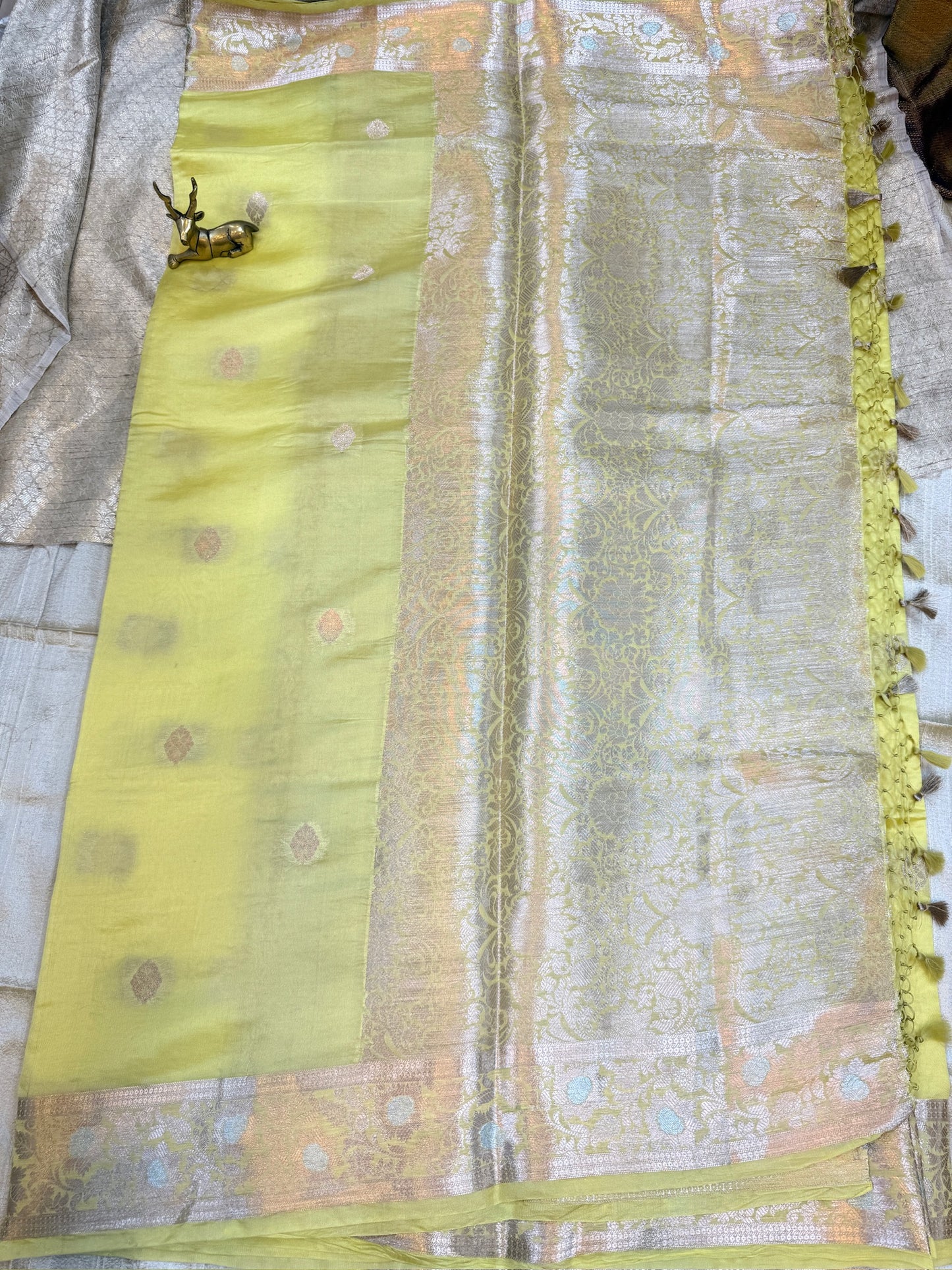 Banarasi Pure Raw Mango Katwar Silk Saree with small butta | Yellow