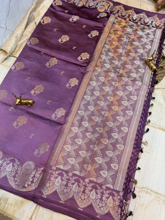 Banarasi Pure Raw Mango Katwar Silk Saree with floral butta | Purple