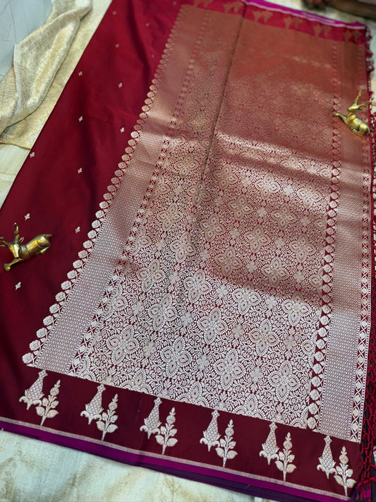 Banarasi Satin Mushru Silk Saree small butta | Red