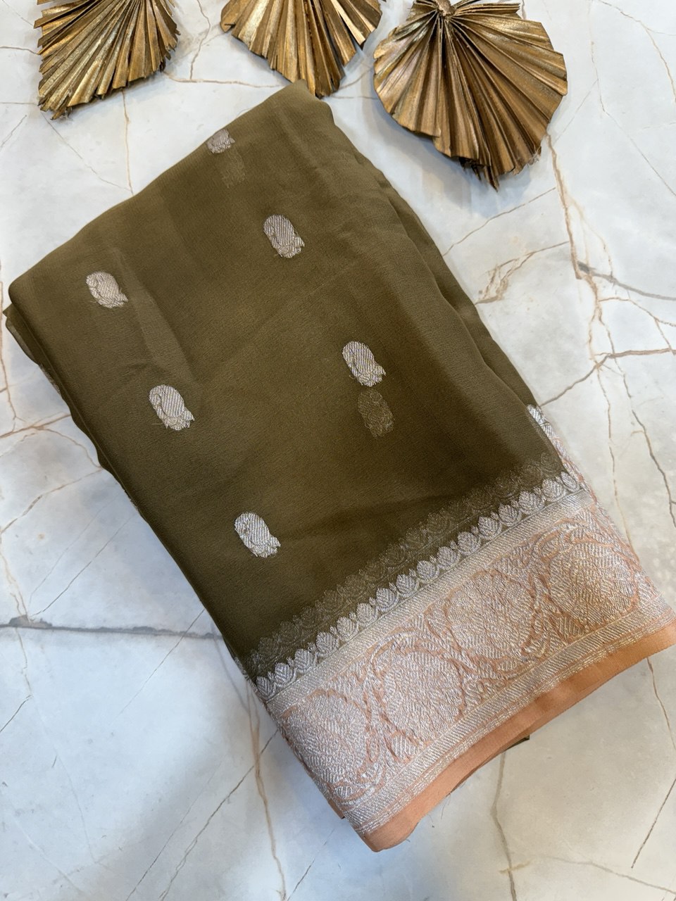 Pure CHIFFON saree with small butta- Olive