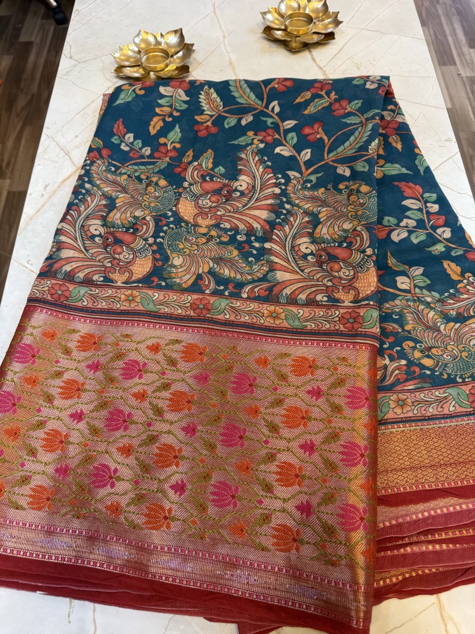 KALAMKARI creepe saree- blue
