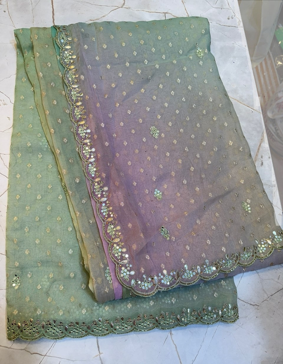 Organza Silk Saree- double colour with Scallop border