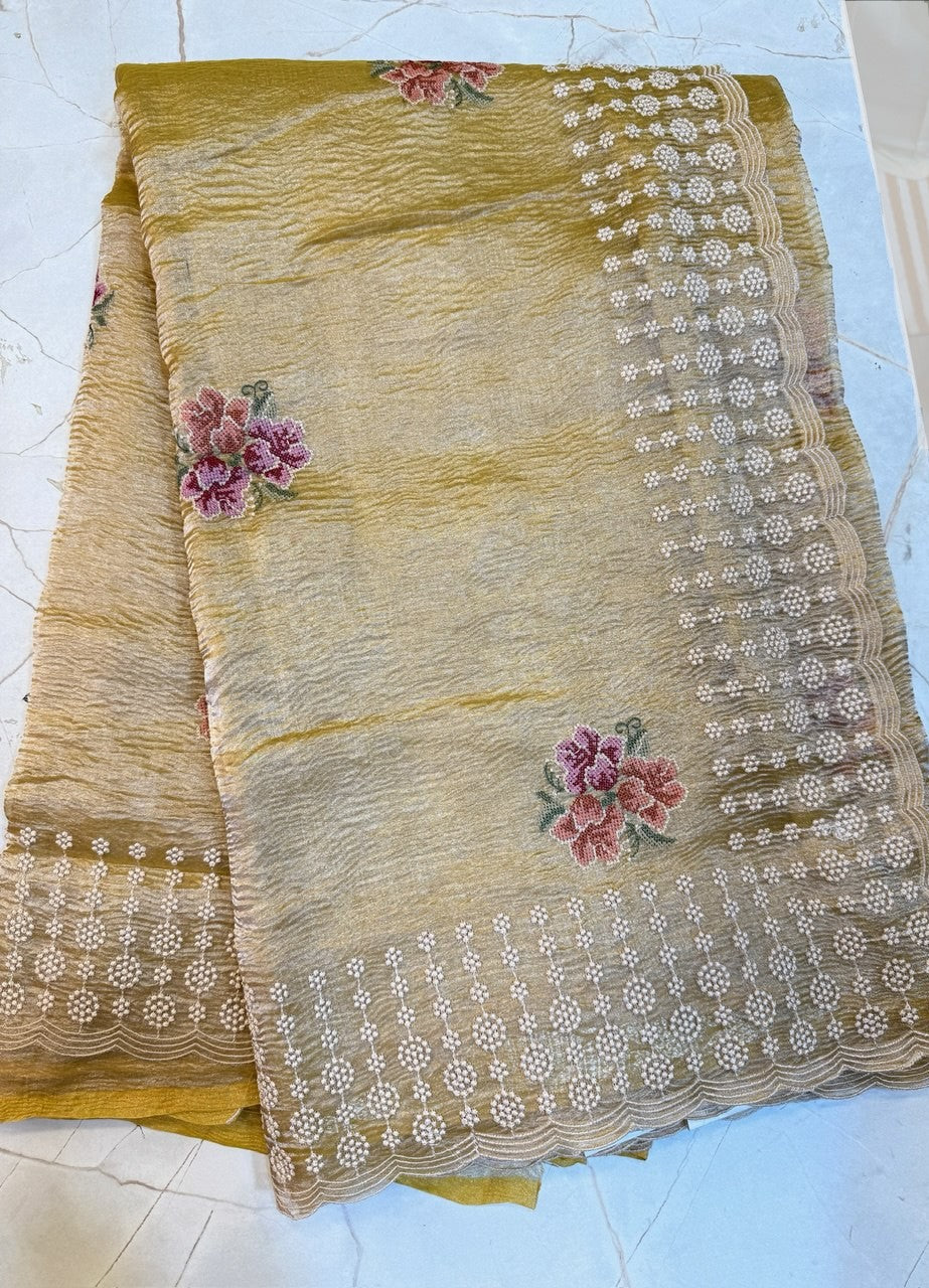 Crushed Tissue Saree- Yellow