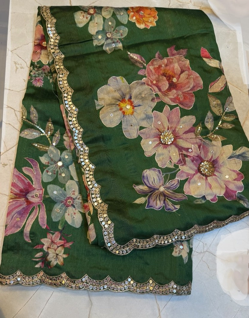 Tussar Silk Saree- floral -gota patti