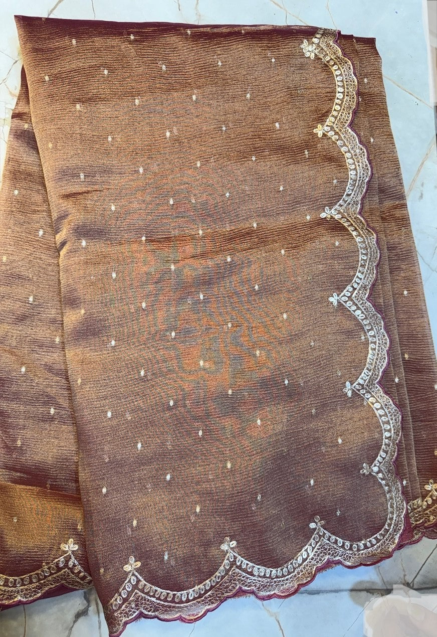 Crushed Tussar Silk Saree- scallop border