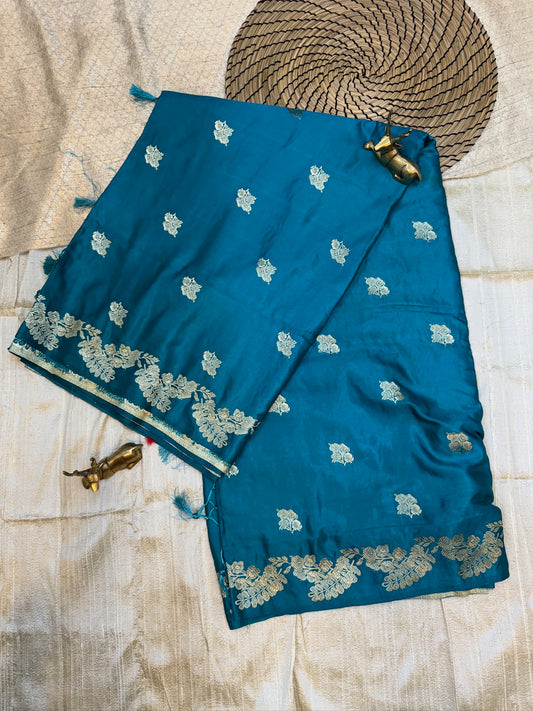Banarasi Satin Mushru Silk Saree with Small Butta | Blue