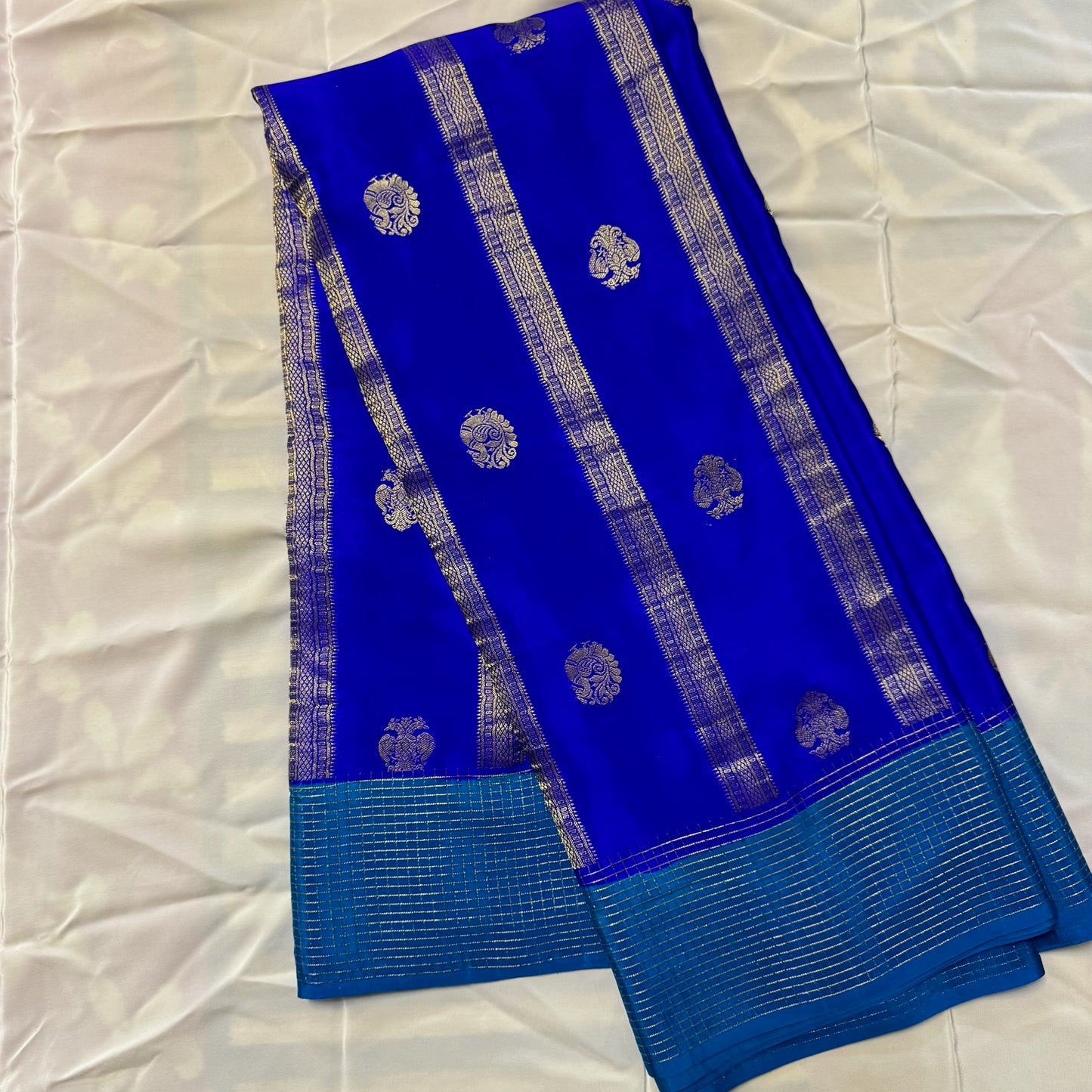 Pure Crepe Mysore Silk Saree| Peacock and Gandaberunda butta | Royal Blue