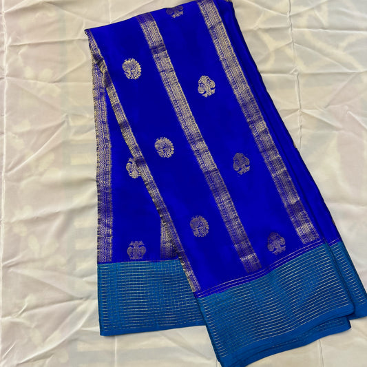 Pure Crepe Mysore Silk Saree| Peacock and Gandaberunda butta | Royal Blue