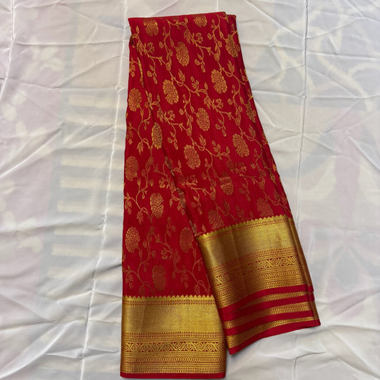 Pure Crepe Mysore Silk Saree | Heavy Brocade | Red