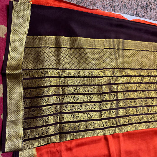 Pure Crepe Mysore Silk Saree | Rust Orange with Brown border 120 GSM