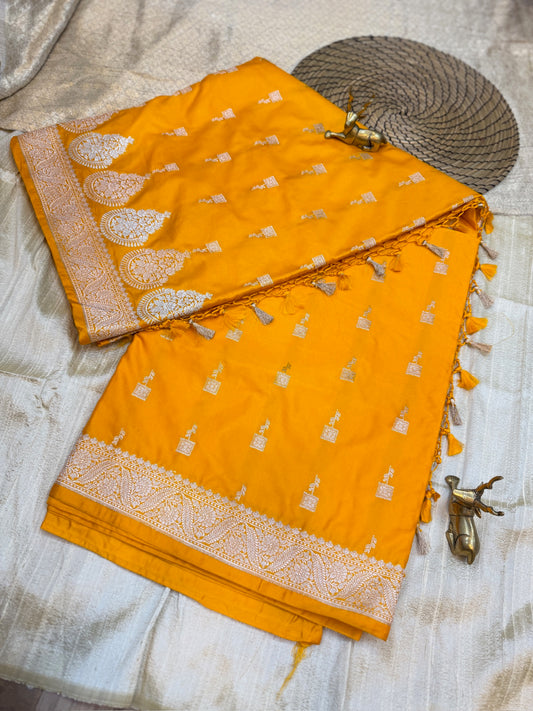 Banarasi Satin Mushru Silk Saree with small butta | Yellow