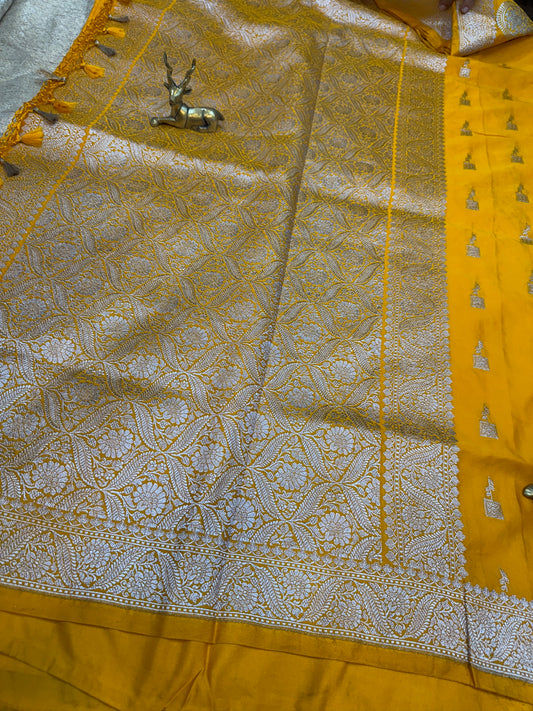 Banarasi Satin Mushru Silk Saree with small butta | Yellow