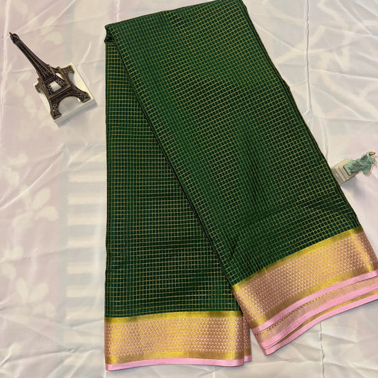 Pure Crepe Mysore Silk Saree|  Small Checks design| Green