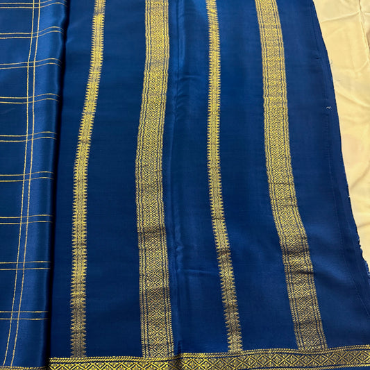 Pure Crepe 120 GSM  Mysore Silk Saree | Checks Design | Navy Blue