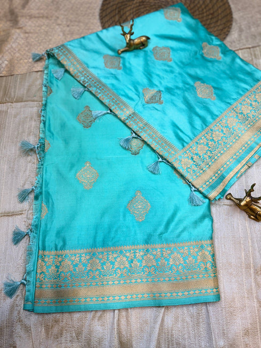 Banarasi Satin Mushru Silk Saree with Floral Butta | Cyan