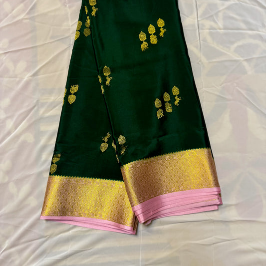 Pure Crepe Mysore Silk Saree| Elephant, Peacock, Horse butta | Green