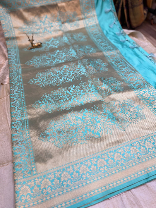 Banarasi Satin Mushru Silk Saree with Floral Butta | Cyan