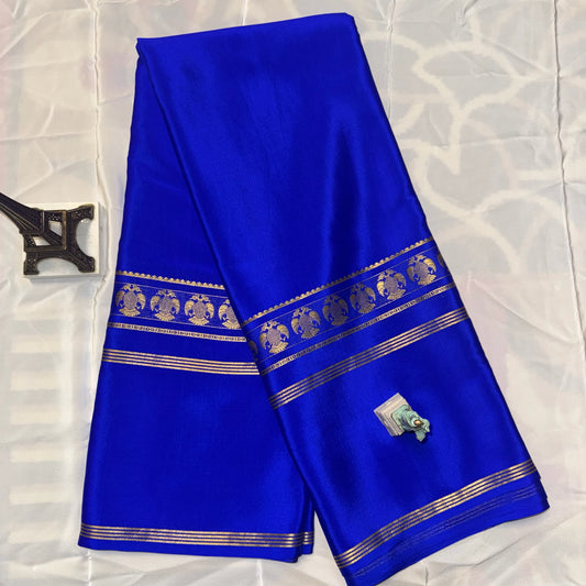 Pure Crepe Mysore Silk Saree| Gandaberunda Butta | Royal Blue
