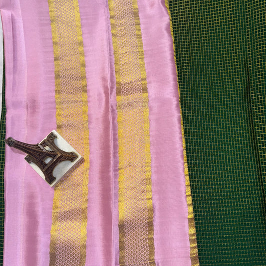 Pure Crepe Mysore Silk Saree|  Small Checks design| Green