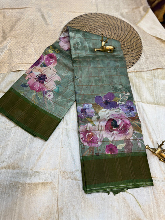 Pure Tusar Silk Saree with Big Floral design and Checks | Green