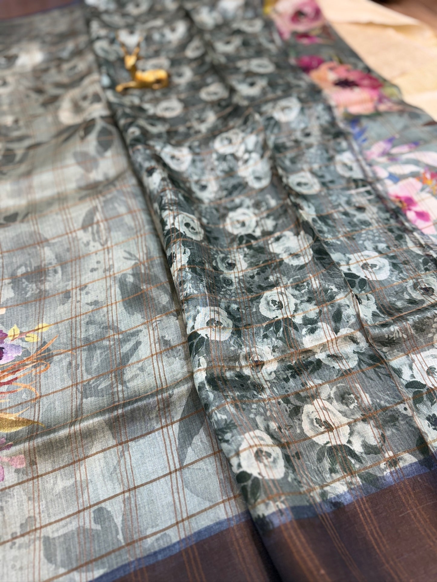Pure Tussar Silk Saree with Big floral design and Checks | Grey