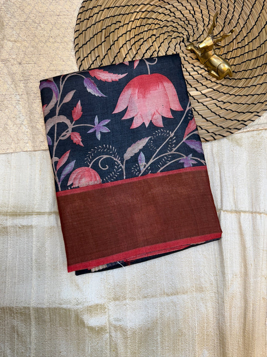 Tussar Silk Saree with Floral design | Blue