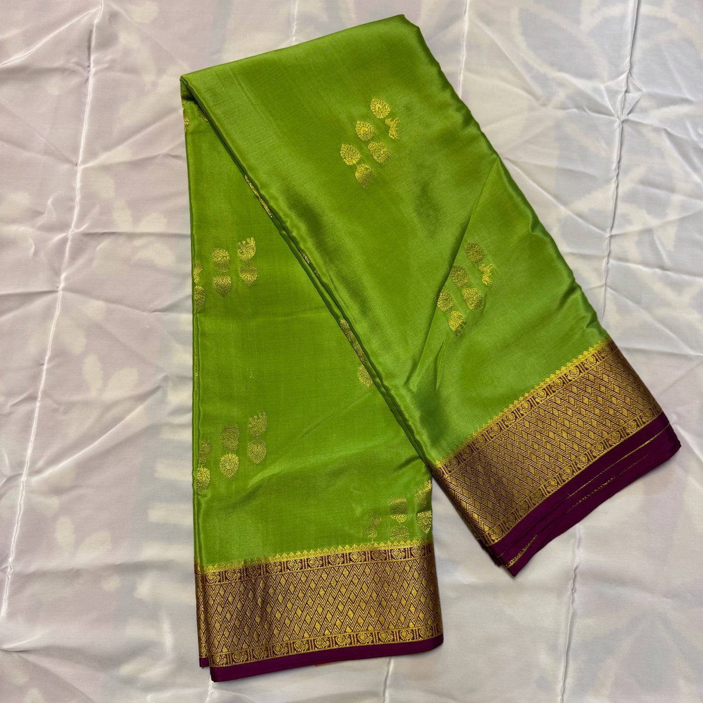 Pure Crepe Mysore Silk Saree | Peacock, elephant, horse Butta | Mehendi Green