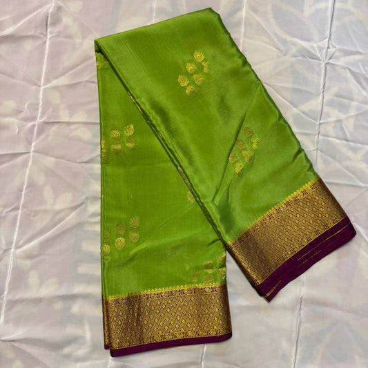 Pure Crepe Mysore Silk Saree | Peacock, elephant, horse Butta | Mehendi Green