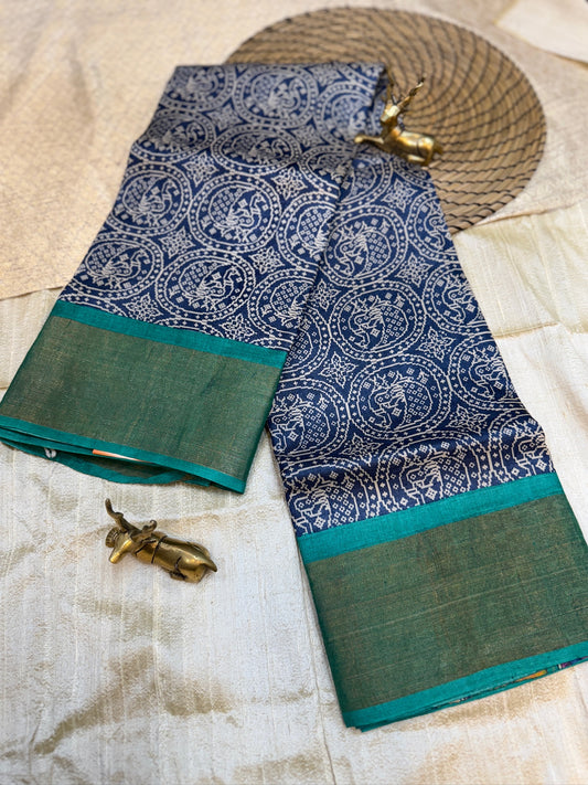 Tussar Silk Saree with green border | Blue