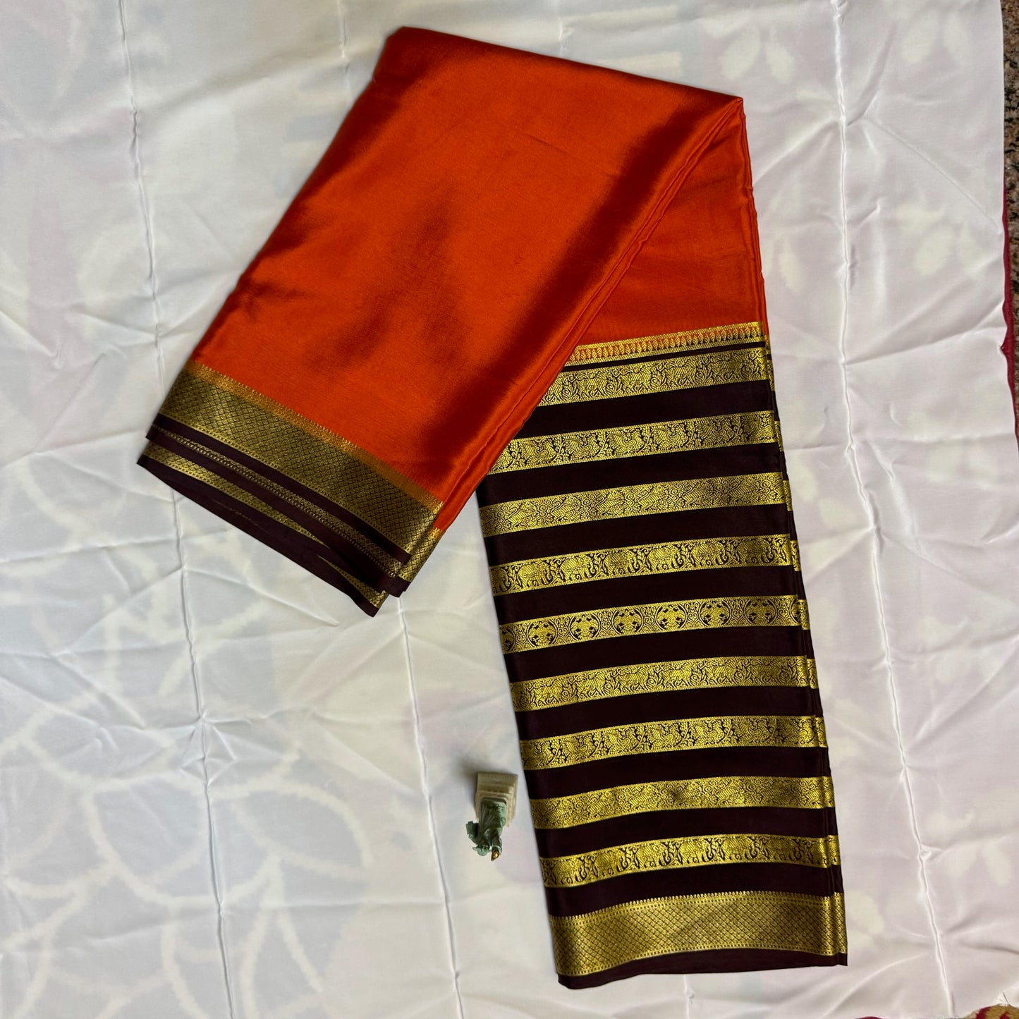 Pure Crepe Mysore Silk Saree | Rust Orange with Brown border 120 GSM