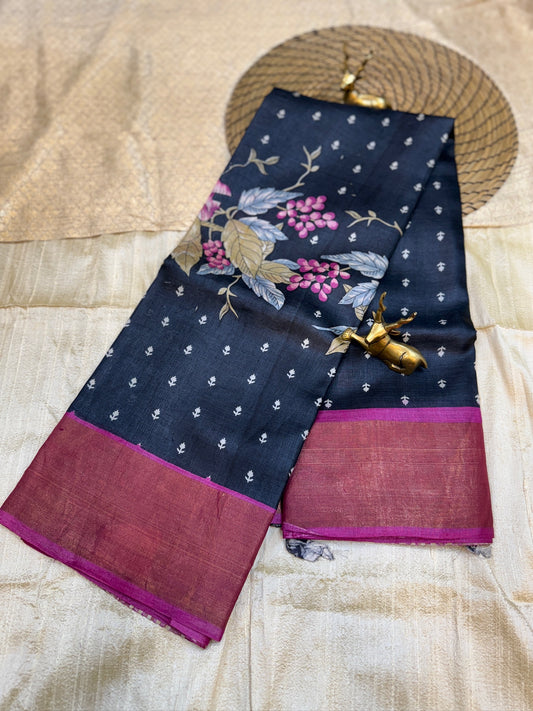 Tussar Silk Saree with Floral Design | Navy Blue with Pink border