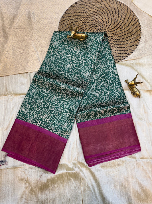 Tussar Silk Saree | Green with Pink border