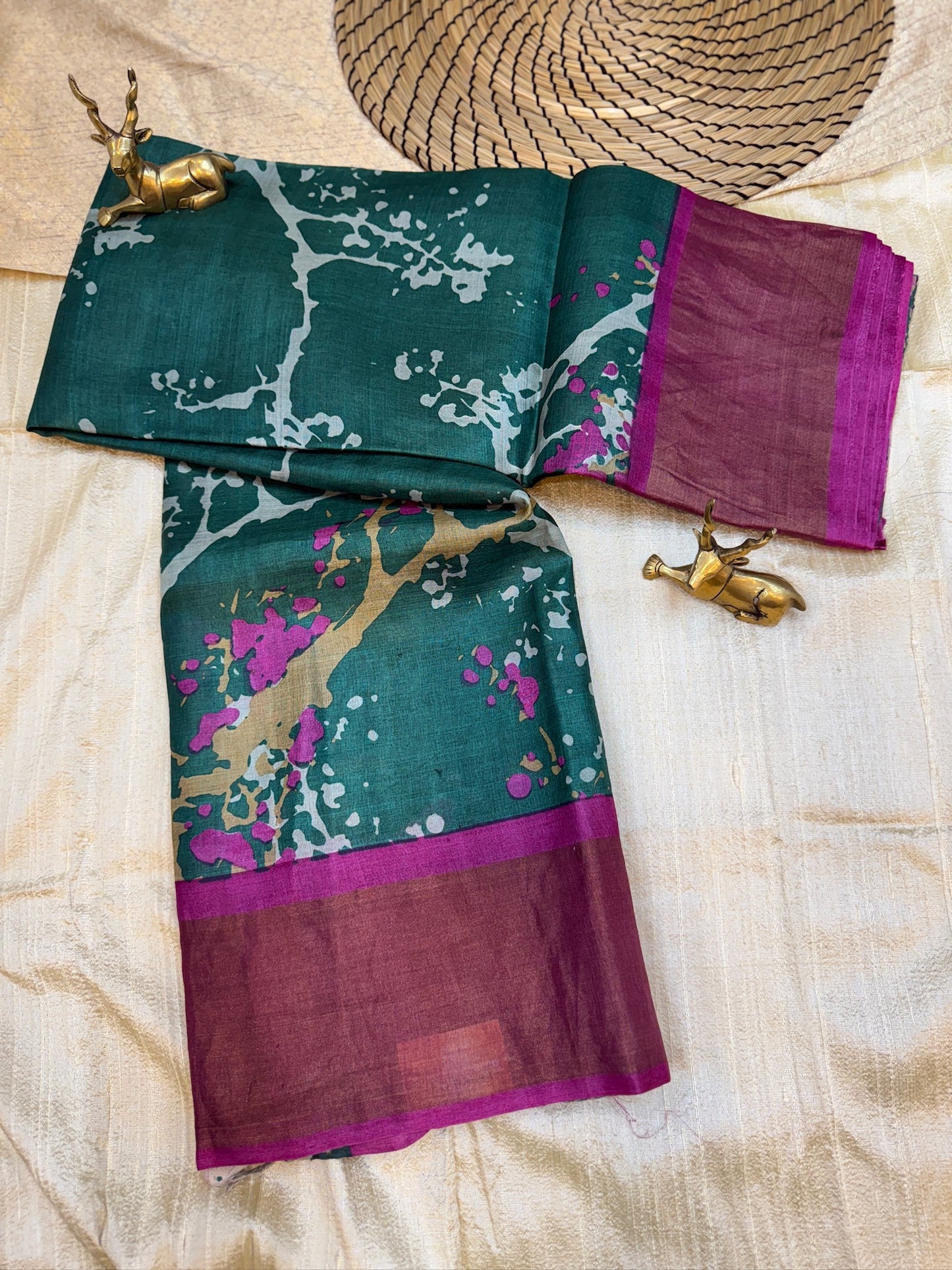 Tussar Silk Saree with splatter design | Green with Pink Border