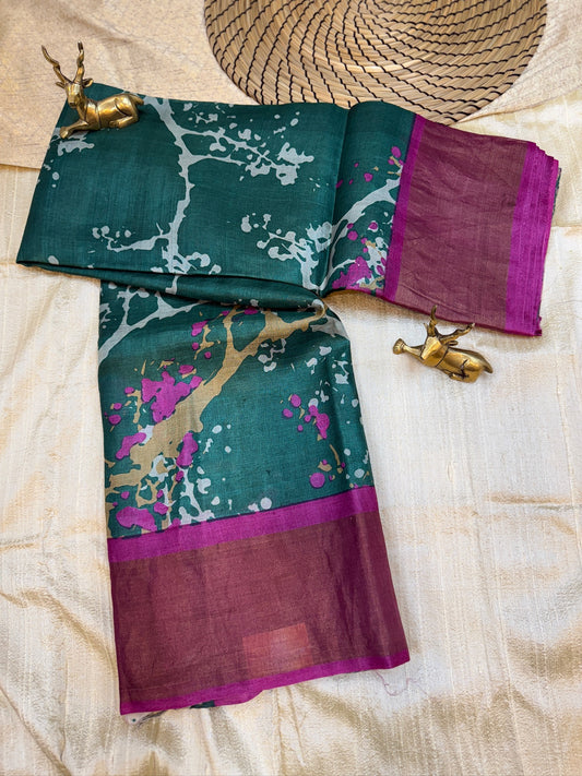 Tussar Silk Saree with splatter design | Green with Pink Border