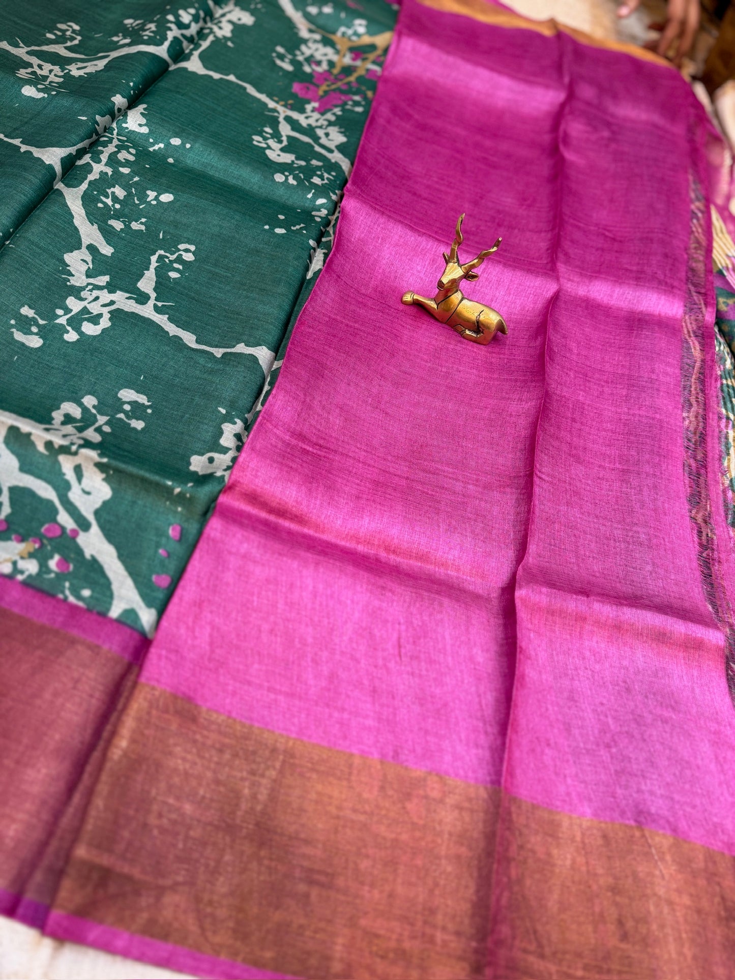Tussar Silk Saree with splatter design | Green with Pink Border