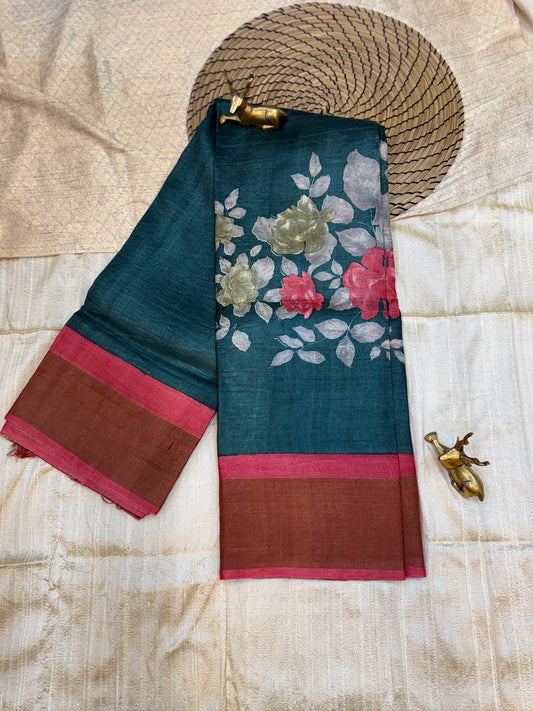 Tussar Silk Saree with Big Floral Design | Green with Red border