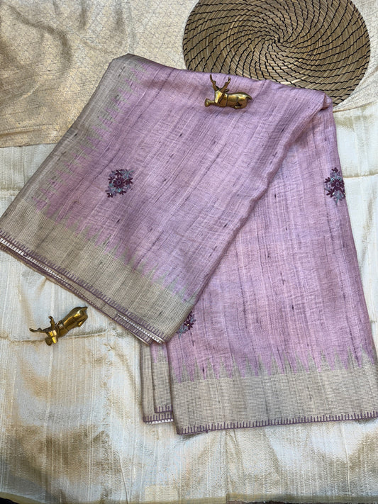 Tussar silk Saree with Hand Embroidery | Pink