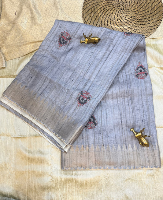 Tussar Silk Saree with Hand Embroidery | Grey