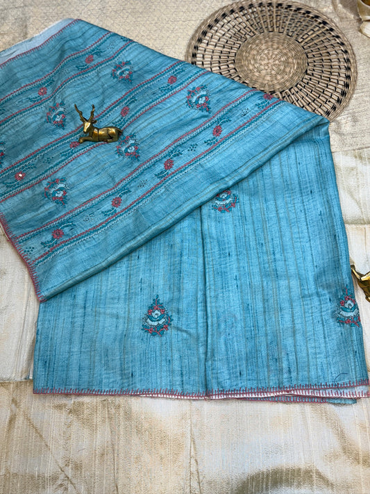 Tussar Silk Saree with Hand Embroidery | Blue