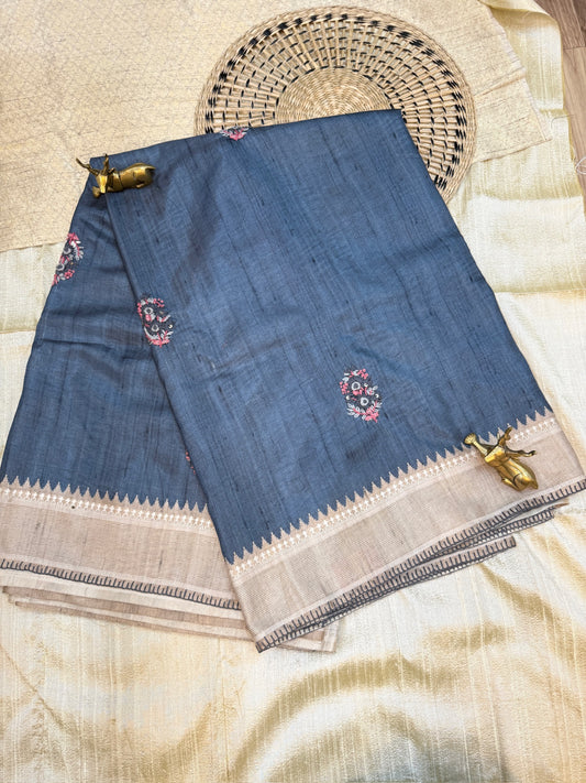 Tussar Silk Saree with Hand Embroidery | Dark Grey