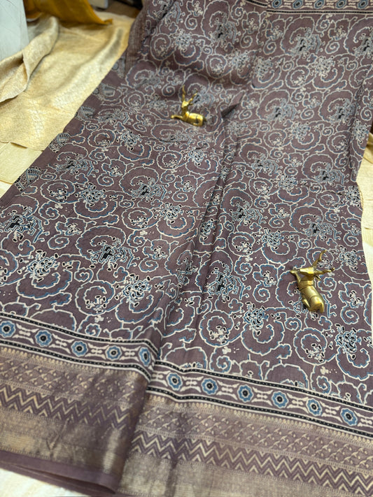 Dola Silk Saree with Ajrak Print | Purple