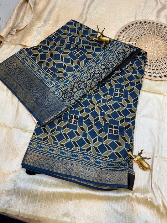 Dola Silk Saree with Ajrak Print | Blue