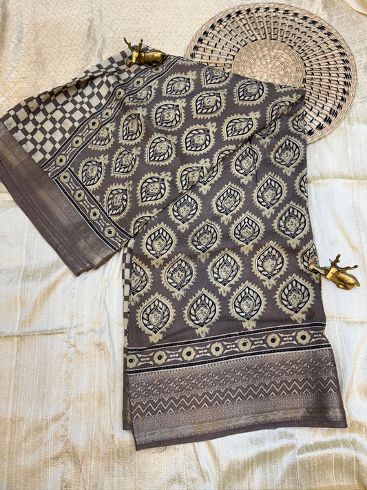 Dola Silk Saree with Ajrak Print | Grey
