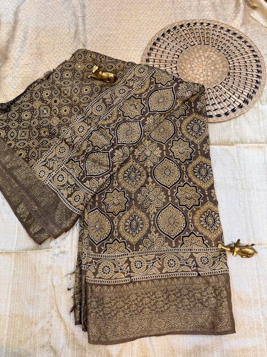 Dola Silk Saree with Ajrak Print | Brown