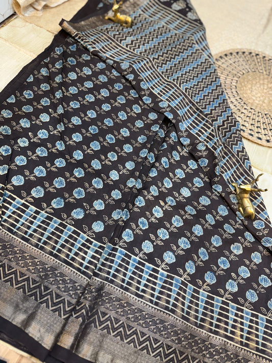 Dola Silk Saree with Ajrak Print | Black with flower butta