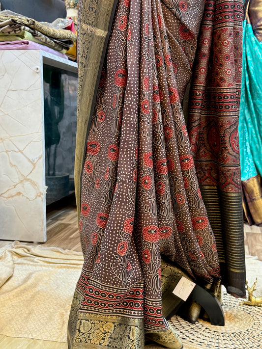 Dola Silk Saree with Ajrak Print | Brown With floral buttas