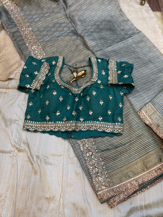 Pure Tissue Fancy Saree with Ready Blouse | Green and gold stripes