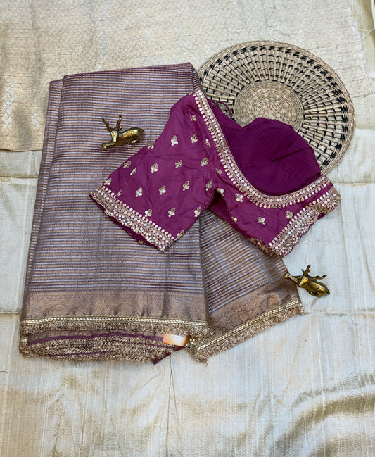 Pure Tissue Fancy Saree with Readymade Blouse | Pink with golden stripes