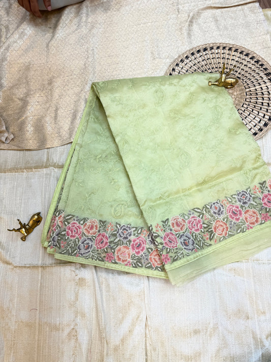 Pure Organza Saree with Embroidery | Pista Green
